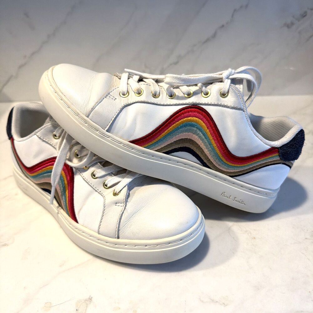 RARE Paul Smith White Leather Lapin Trainers Multicolor Swirl 38 EUC Luxe
